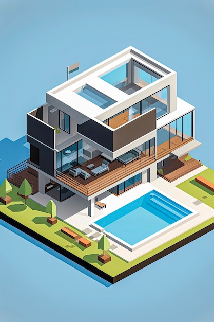 Generative AI 3D Recreation illustration of Isometric Luxury House built with sustainable materials