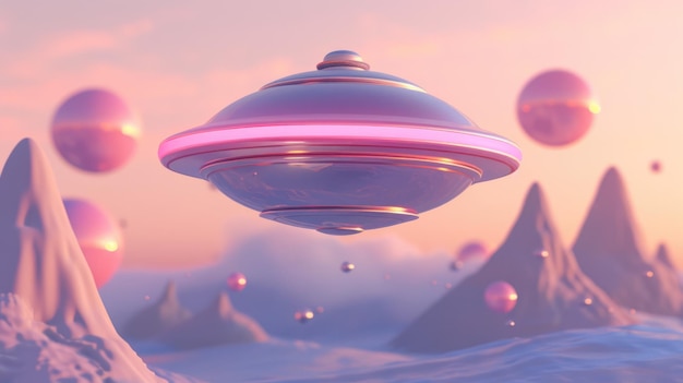 Generative AI 3D style pink UFO on alien planet landscape spaceship
