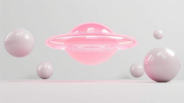 Generative AI 3D style pink UFO on alien planet landscape spaceship