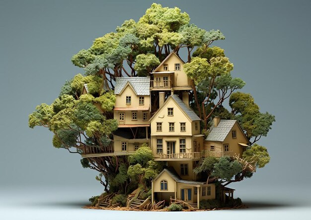 Photo generative ai 3d tree with house