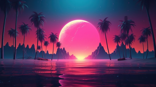 Generative AI 80s retro futuristic scifi nostalgic 90s Night and sunset neon colors cyberpunk