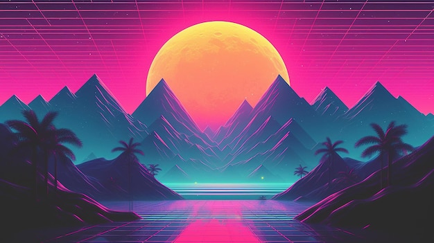 Generative AI 80s retro futuristic scifi nostalgic 90s Night and sunset neon colors cyberpunk