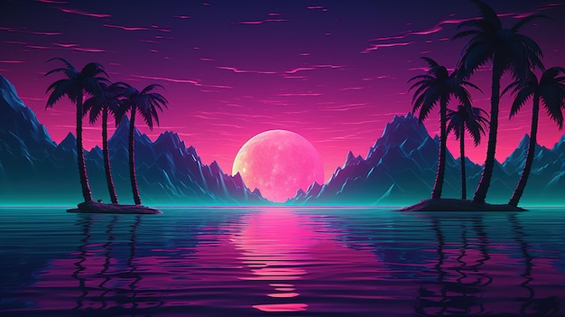 Generative AI 80s retro futuristic scifi nostalgic 90s Night and sunset neon colors cyberpunk