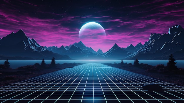 Generative AI 80s retro futuristic scifi nostalgic 90s Night and sunset neon colors cyberpunk