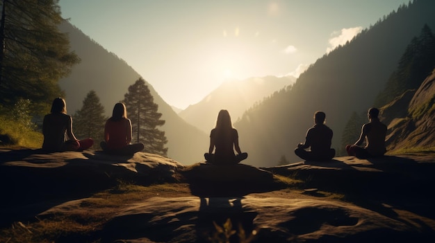 Фото Спокойная сцена йогов, практикующих горную йогу, находящих спокойствие среди величия природы.
