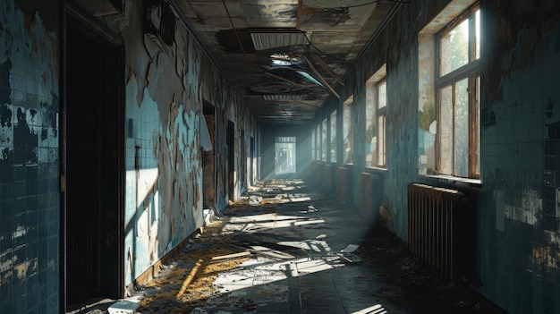 Photo generative ai abandoned buildings in pripyat chernobyl decaying structures overgrown with vegetation eerie atmospheric tones detailed linework