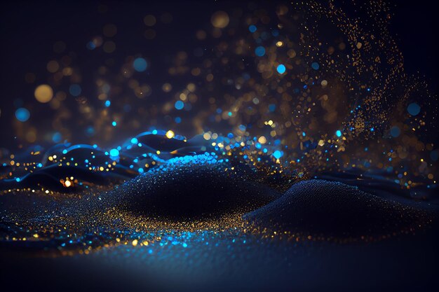 Photo generative ai of abstract blue glittering particles on black background