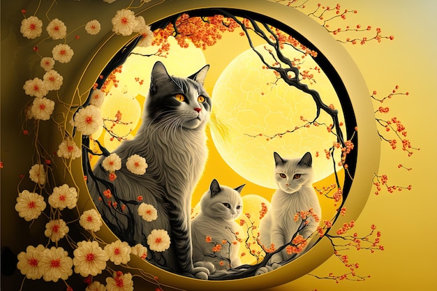 Generative AI abstract design chinese new year cute cats with spring colors surreal fantasy Apricot blossom Happy new year concept 2023 Year of Cat Lunar new year