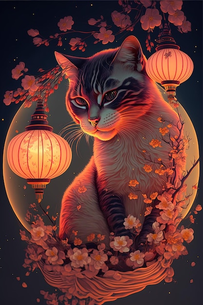 Generative AI abstract design chinese new year cute cats with spring colors surreal fantasy peach flower Happy new year concept 2023 Year of Cat Lunar new year