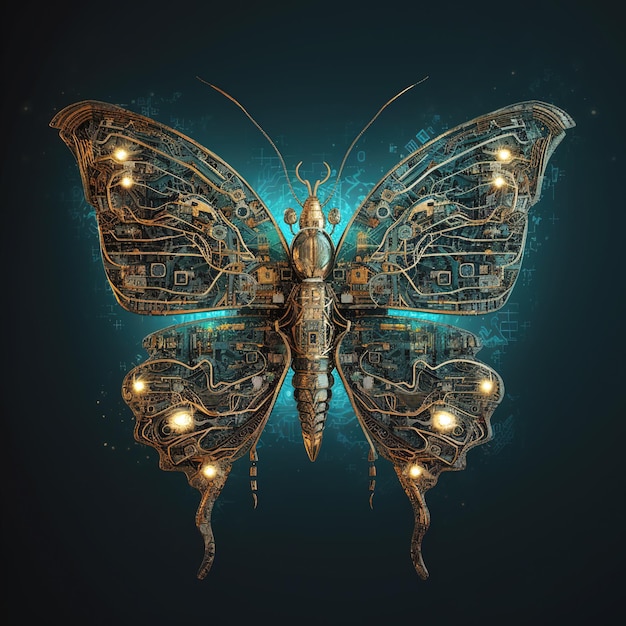 Generative AI Abstract fantasy colorful mechanical butterfly blue background