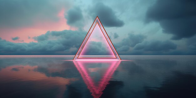 Photo generative ai abstract geometric background clouds sea and glowing neon triangular frame