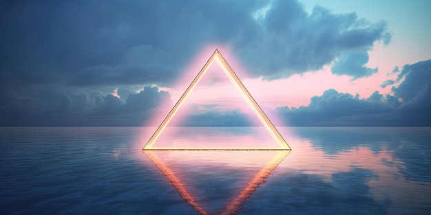 generative ai abstract geometric background clouds sea and glowing neon triangular frame