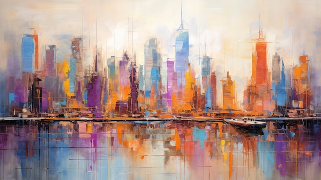Generative AI Abstract oil painting of a city with bold strokes in purple and orange colors