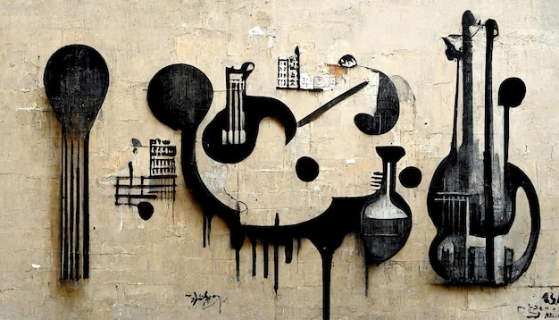 Generative AI Abstract Street art with keys and musical instruments silhouettes