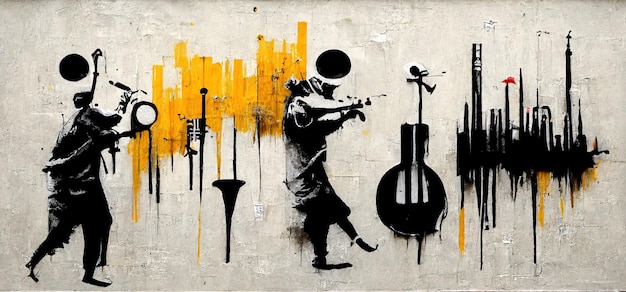 Generative AI Abstract Street art with keys and musical instruments silhouettes