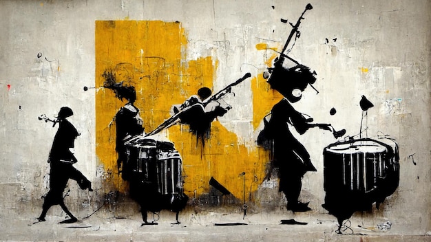 Generative AI Abstract Street art with keys and musical instruments silhouettes