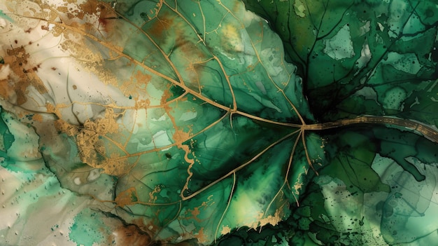 Generative AI Abstract watercolor green leaf veins Drawn poster design with green brown and beige