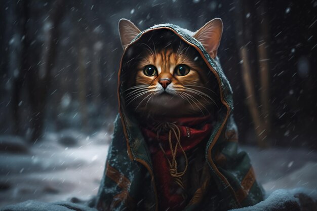 Generative AI abyssinian cat adventurer in winter forets Oil Painting of cute pet animal wear