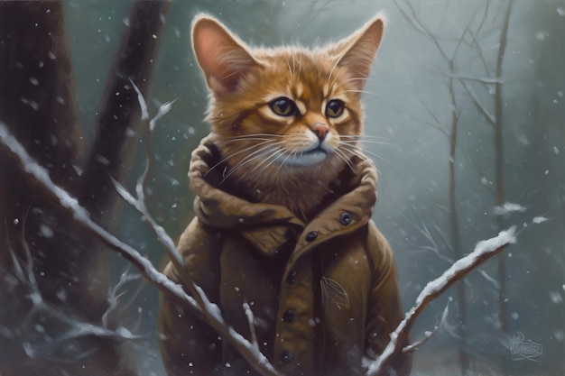 Generative AI abyssinian cat adventurer in winter forets Oil Painting of cute pet animal