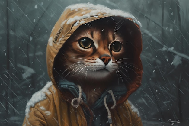 Generative AI abyssinian cat adventurer in winter forets Oil Painting of cute pet animal