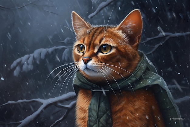 Generative AI abyssinian cat adventurer in winter forets Oil Painting of cute pet animal