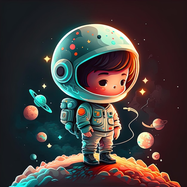 Generative AI Adorable boy astronaut in outer space standing on a planet bright colorful asteroids and galaxies moonlight shining down chibi style Emblem for space travel technology cuteness