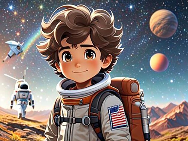 Photo generative ai adorable boy astronaut in outer space standing on a planet bright colorful asteroids and