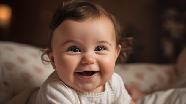 母親の中で嬉しそうに微笑む生成 AI の愛らしい幼児