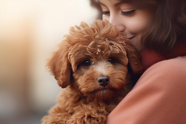 Generative AI Adorable toy poodle puppy in arms of its loving owner Small adorable doggy with fun