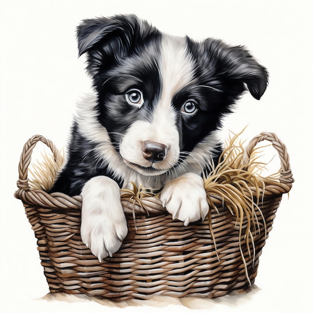 Generative AI Adorable Watercolor Border Collie dog on White background