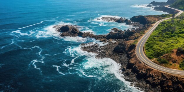 A. A. 海や海の海岸線の近くの曲がったアスファルト道路の空中写真