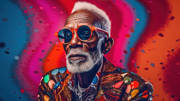 Generative AI African American funny happy old retirement man closeup portrait wearing glasses