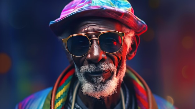 Generative AI African American funny happy old retirement man closeup portrait wearing glasses