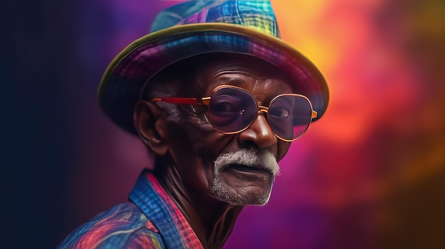 Generative AI African American funny happy old retirement man closeup portrait wearing glasses