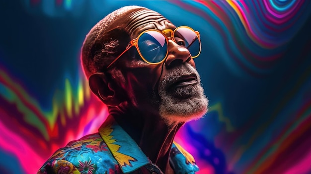 Generative AI African American funny happy old retirement man closeup portrait wearing glasses