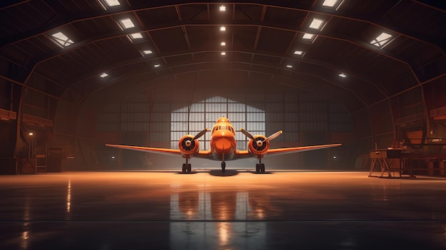 Generative AI Airplane in hangar front view of aircraft and light from windows