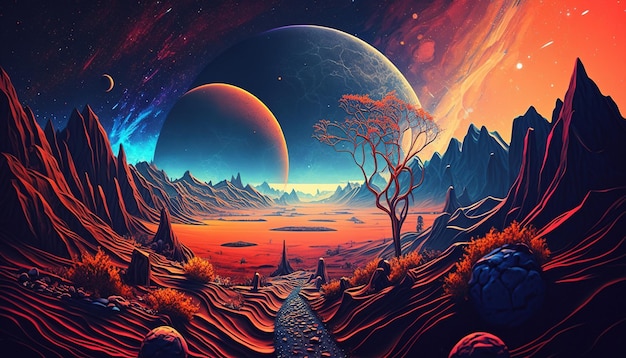 Generative AI Alien planet landscape Psychedelic Space banner template background