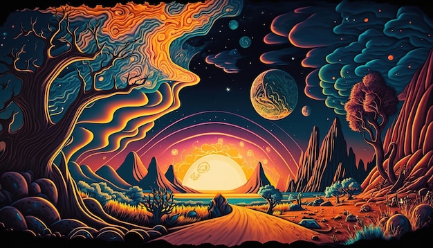 Generative AI Alien planet landscape Psychedelic Space banner template background