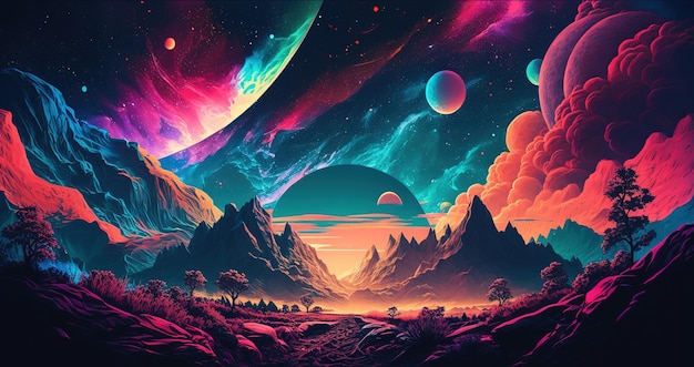 Generative AI Alien planet landscape Psychedelic Space banner template background