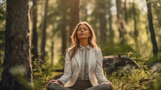 Generative AI allows a businesswoman to relax in a forest while reducing her stress