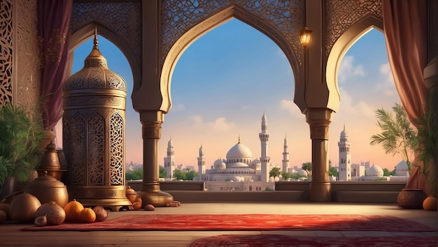 Фото Генеративный ai исламский фонарь с мечетью на заднем плане для аль-фитр адха эйд и рамадан