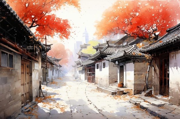 Generative AI Ancient Chinese architecture in the alleys of the street