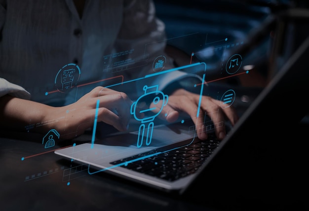 Generative AI Answer Businessman using AI to generate something Customer support laptop assistant