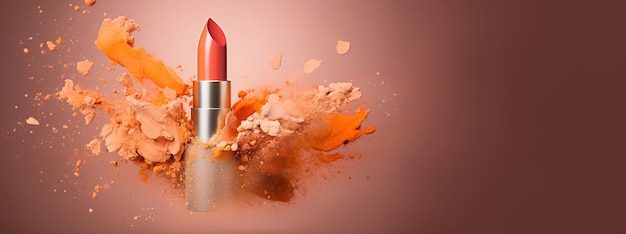 Generative AI Apricot color lipstick orange powder splashes and smoke with copy space