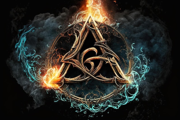 Photo generative ai arcane symbol with effect of fire and ice magic symbol asgard symbol runes and triangle symbol with gold and metal color