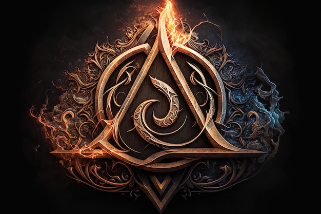 Foto simbolo arcano ai generativo con effetto di fuoco e ghiaccio simbolo magico simbolo asgard rune e simbolo del triangolo con colore oro e metallo