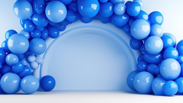 Photo generative ai arch of blue balloons birthday party for boy 3d background shower mockup template