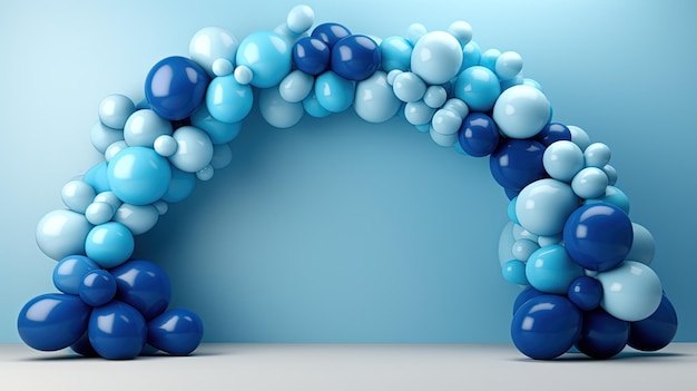Generative AI arch of blue balloons Birthday party for boy 3d background shower Mockup template