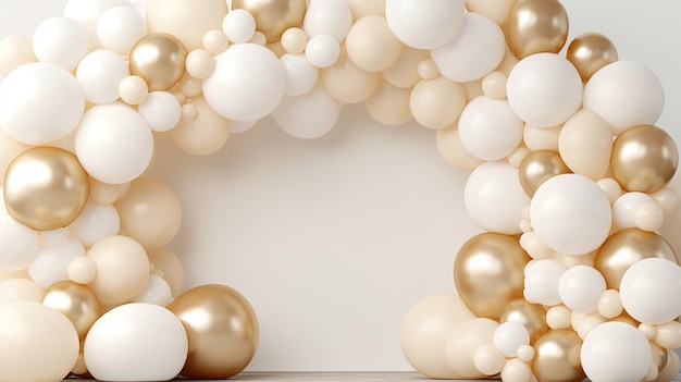 Генеративная ИИ арка из белых и золотых воздушных шаров Мок для свадьбы, Рождества или другого праздничного 3d фона