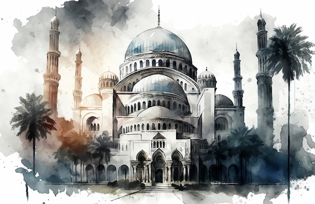 Generative AI architecture illustration of beautiful mosque in Muslim world